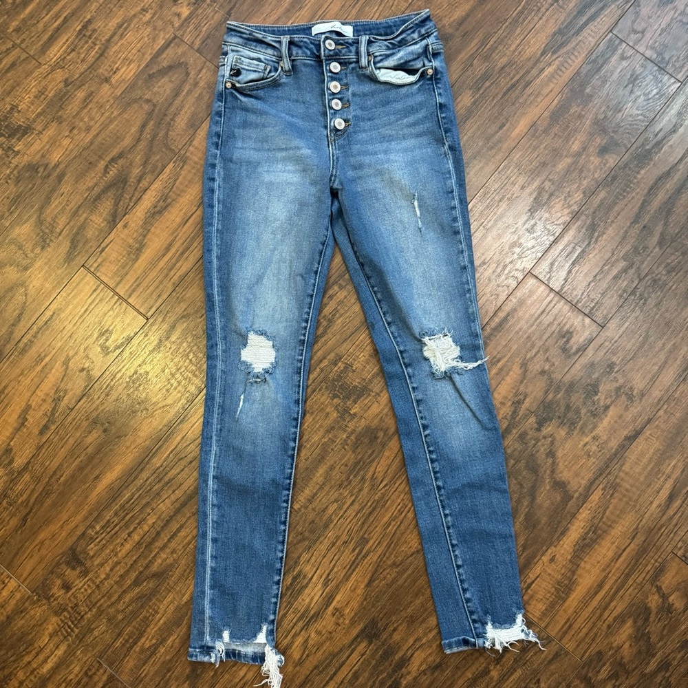 Kancan Distressed Skinny Jeans Women Size 7/27 Button Fly Stretch Denim Raw Hem